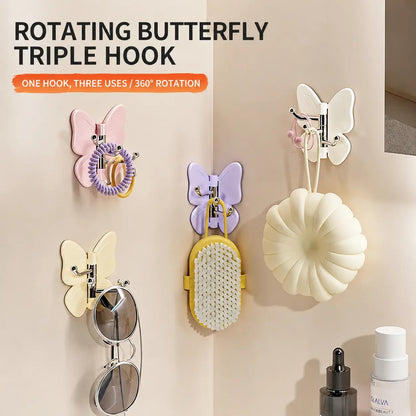 🔥4 Pack Rotating Butterfly Hooks – Strong Adhesive Wall Organizer for Towels, Bags, Hats & Keys | No Drilling Required