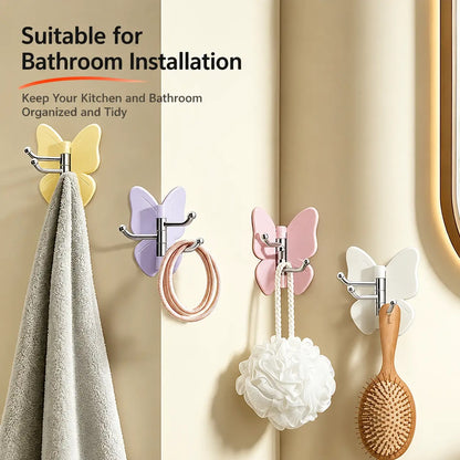 🔥4 Pack Rotating Butterfly Hooks – Strong Adhesive Wall Organizer for Towels, Bags, Hats & Keys | No Drilling Required